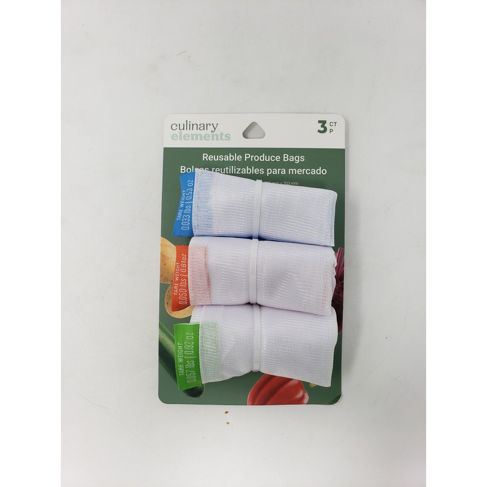 Culinary Elements 3 Pack Reusable Mesh Produce Bags Washable Tare Weights Vary